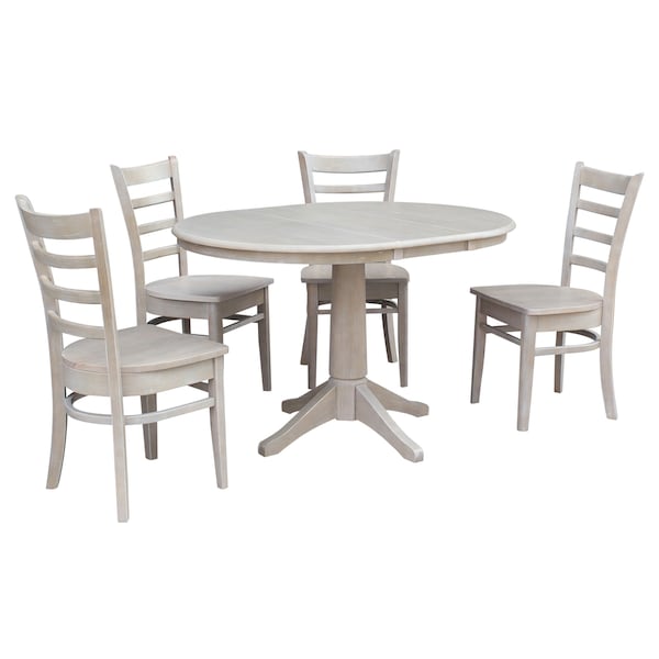 International Concepts Round 36 in Rd Extension Dining Table, 4 Emily Chairs, Washed Gray Taupe, 36 in W, 48 in L, Wood K09-36RXT-27B-C617-4 - main